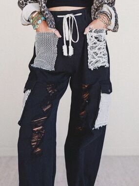 NWOT POL City Sky Distressed Pants Black Patchwork